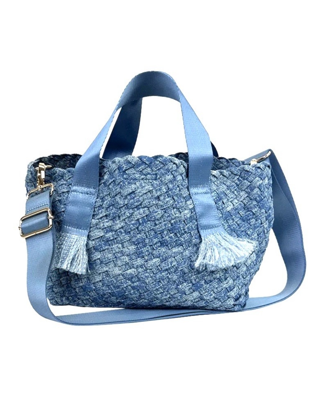 AHDORNED
NWT Darcy Woven Denim Tote w/ Self Handles w/ Crossbody Strap, blue